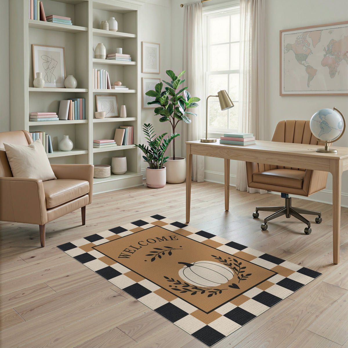 Pumpkin Welcome Checkered Brown Area Rug