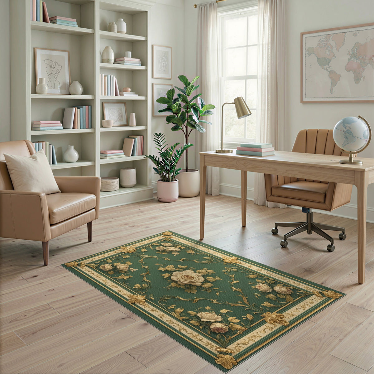 Green Rose Gold Ornate Floral Vintage Rug