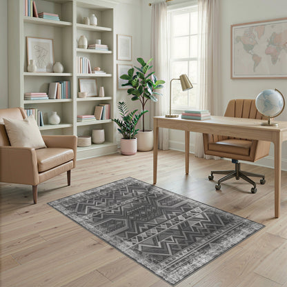 Distressed Black White Tribal Area Rug