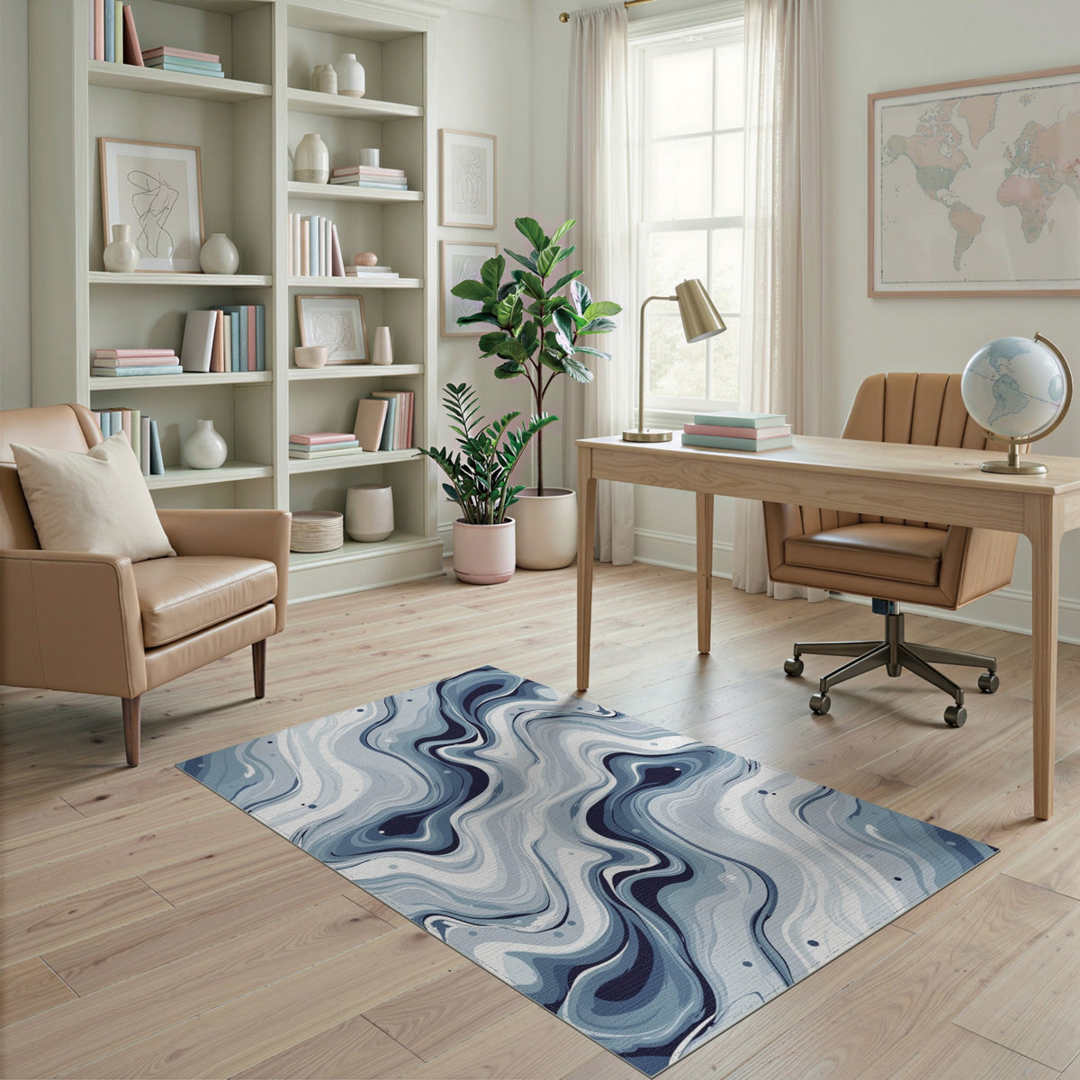 Blue and Teal Blue Swirl Marble Washable Area Rug