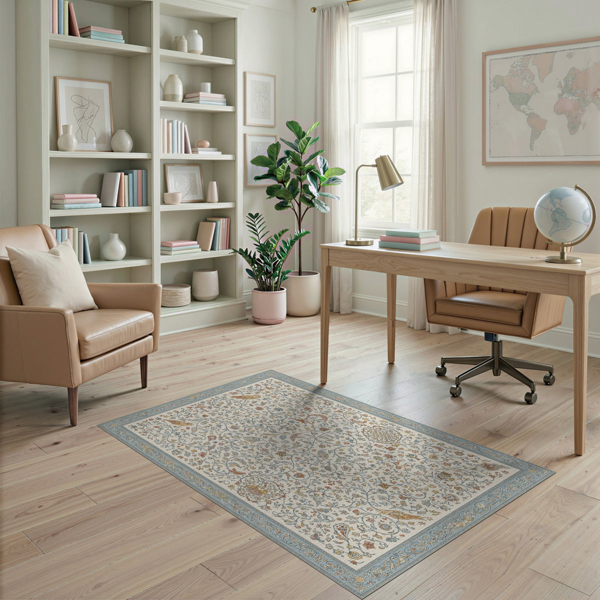 Blue Teal Floral Persian Area Rug with Birds