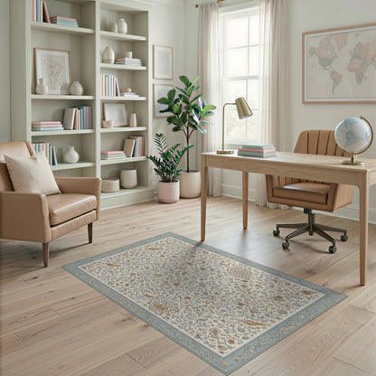 Blue Teal Floral Persian Area Rug with Birds