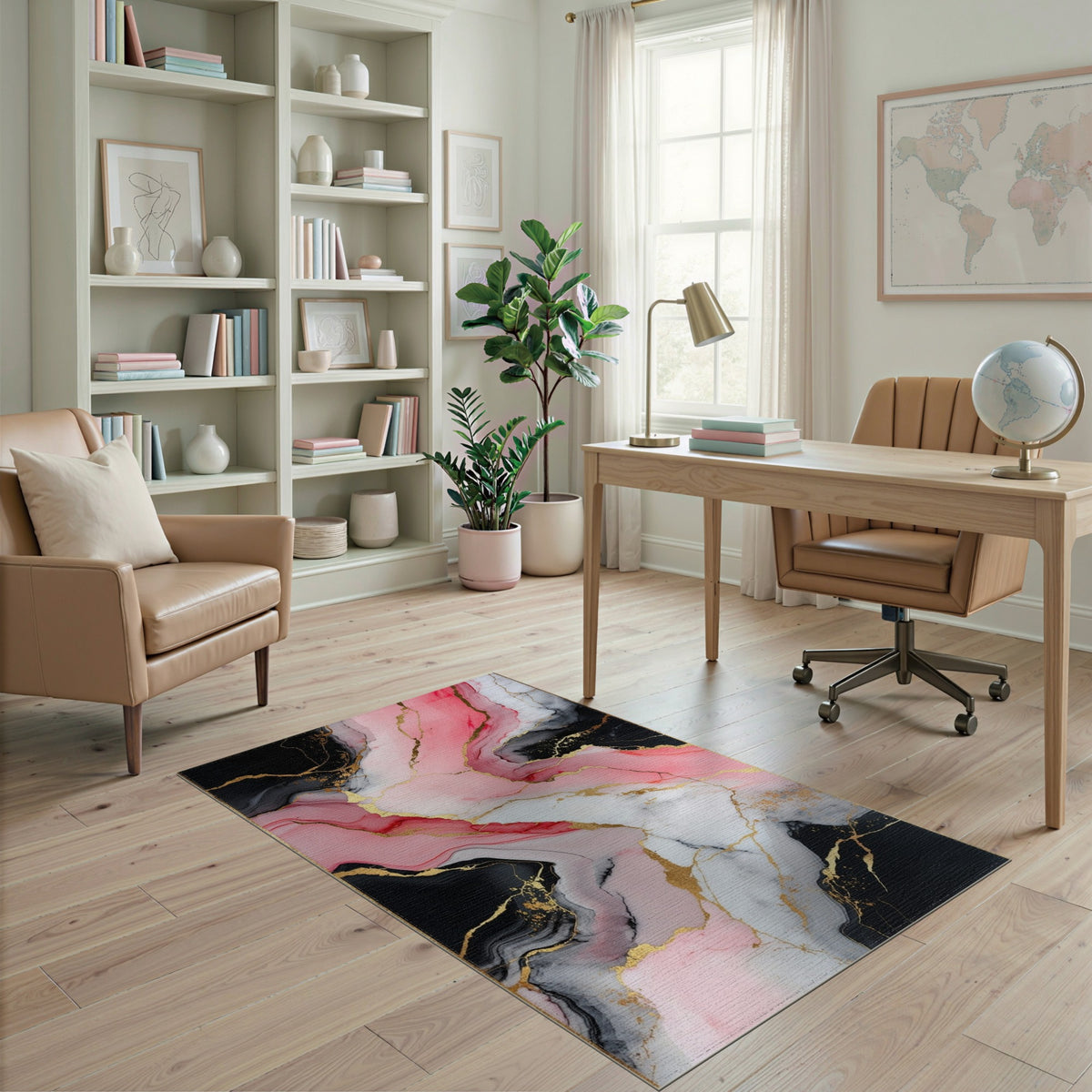 Pink Black Abstract Marble Area Rug with Gold Accents