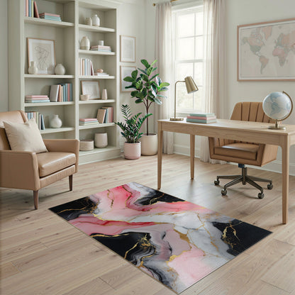 Pink Black Abstract Marble Area Rug with Gold Accents