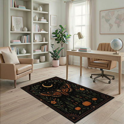 Midnight Skull Moth Orange Area Rug