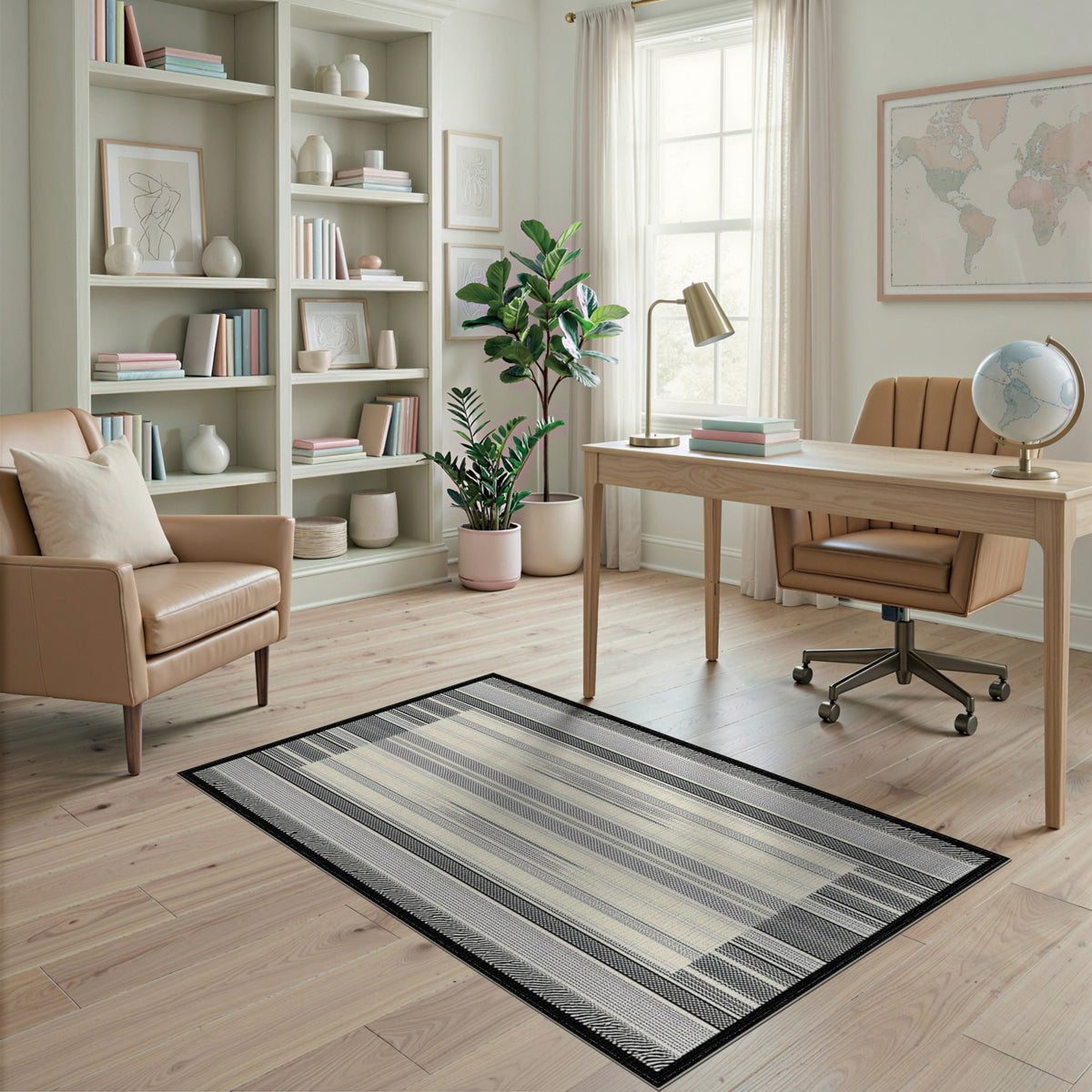 Black White Geometric Striped Area Rug