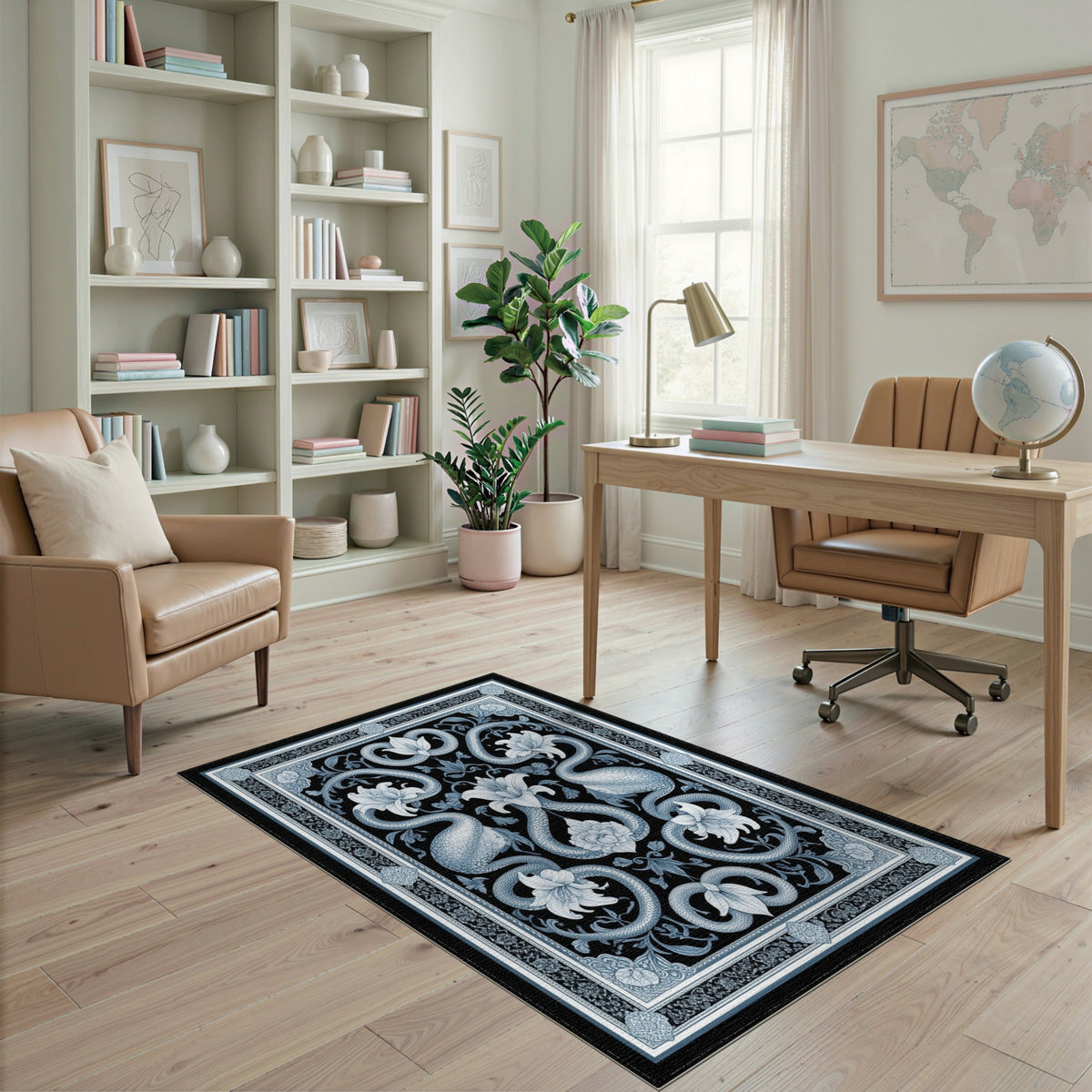 Blue and Teal Blue Serpent Floral Vintage Area Rug