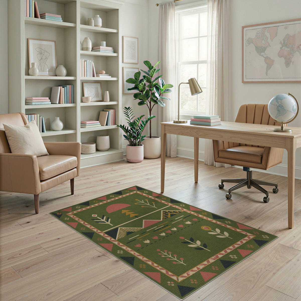 Green Geometric Landscape Area Rug