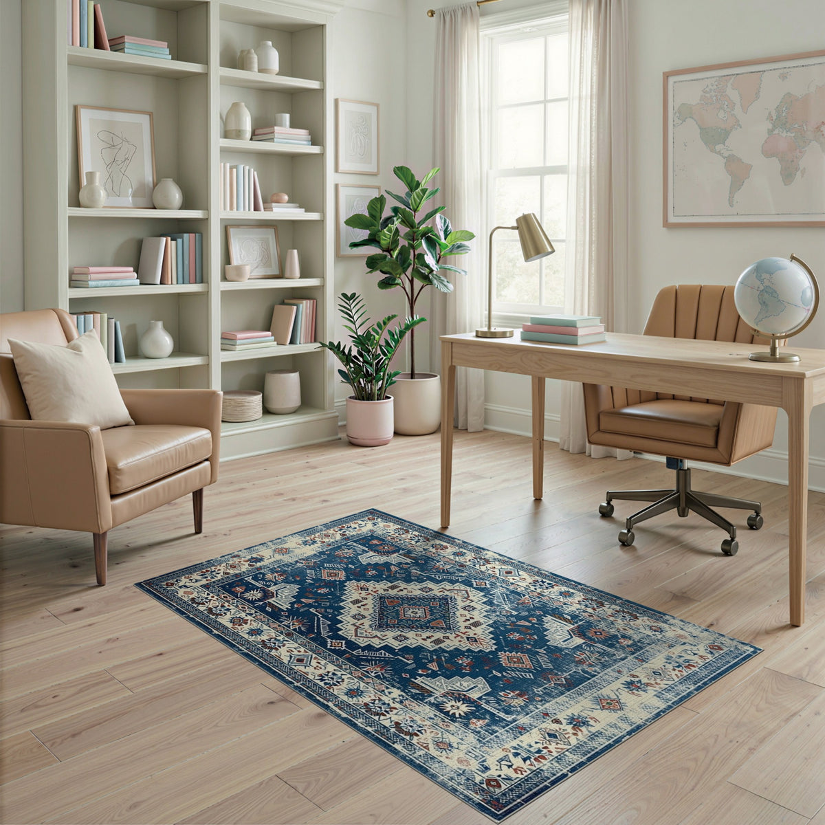 Blue and Teal Blue Distressed Tribal Area Rug