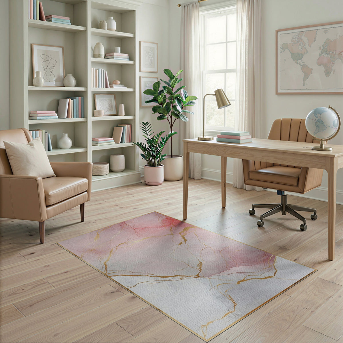 Abstract Area Pink Marble Gold Vein Abstract Area Rug