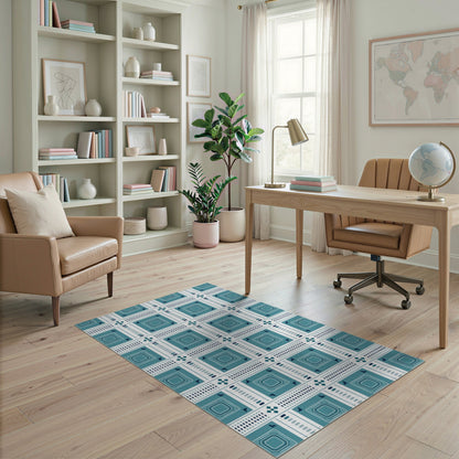 Blue and Teal Geometric Washable Area Rug