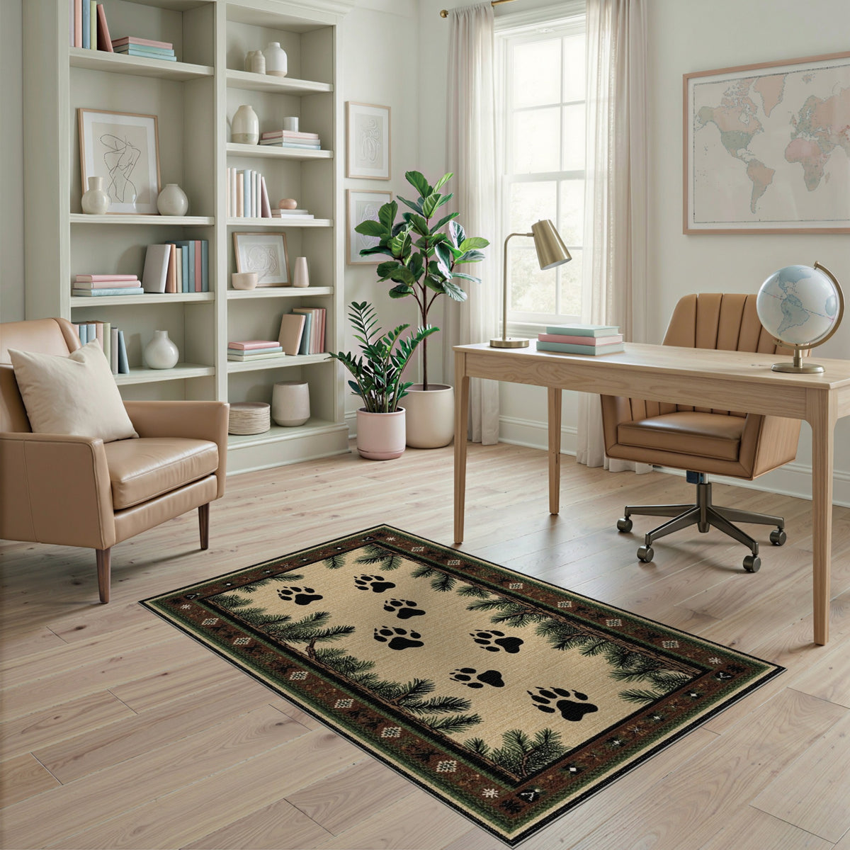 Bear Paw Tracks Pine Border Area Rug