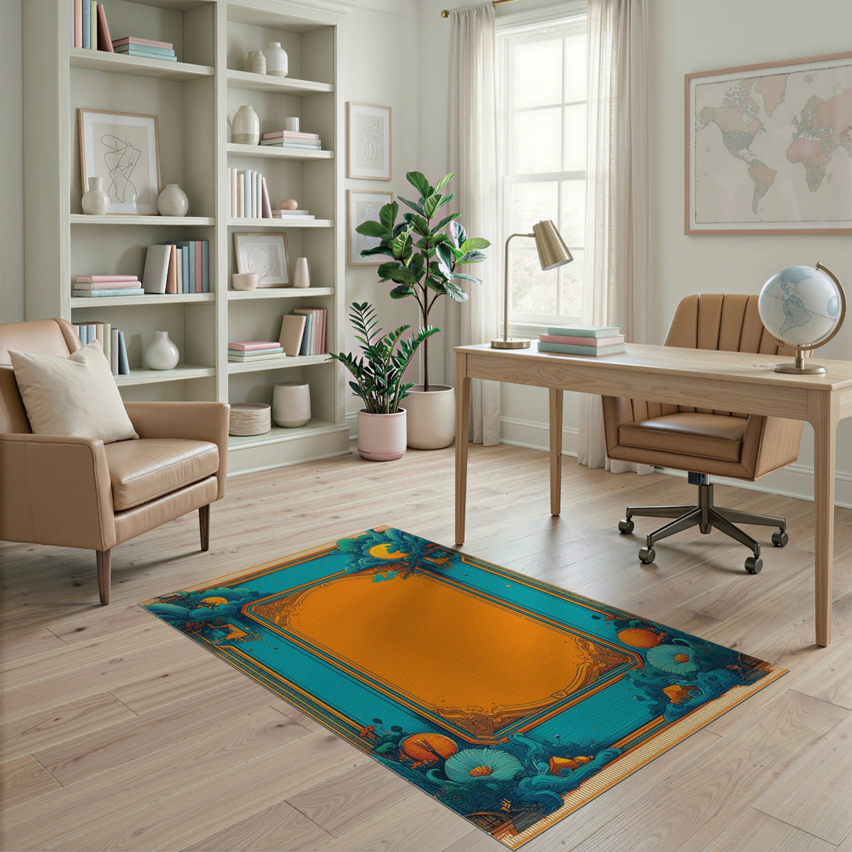 Blue Teal Floral Vintage Area Rug
