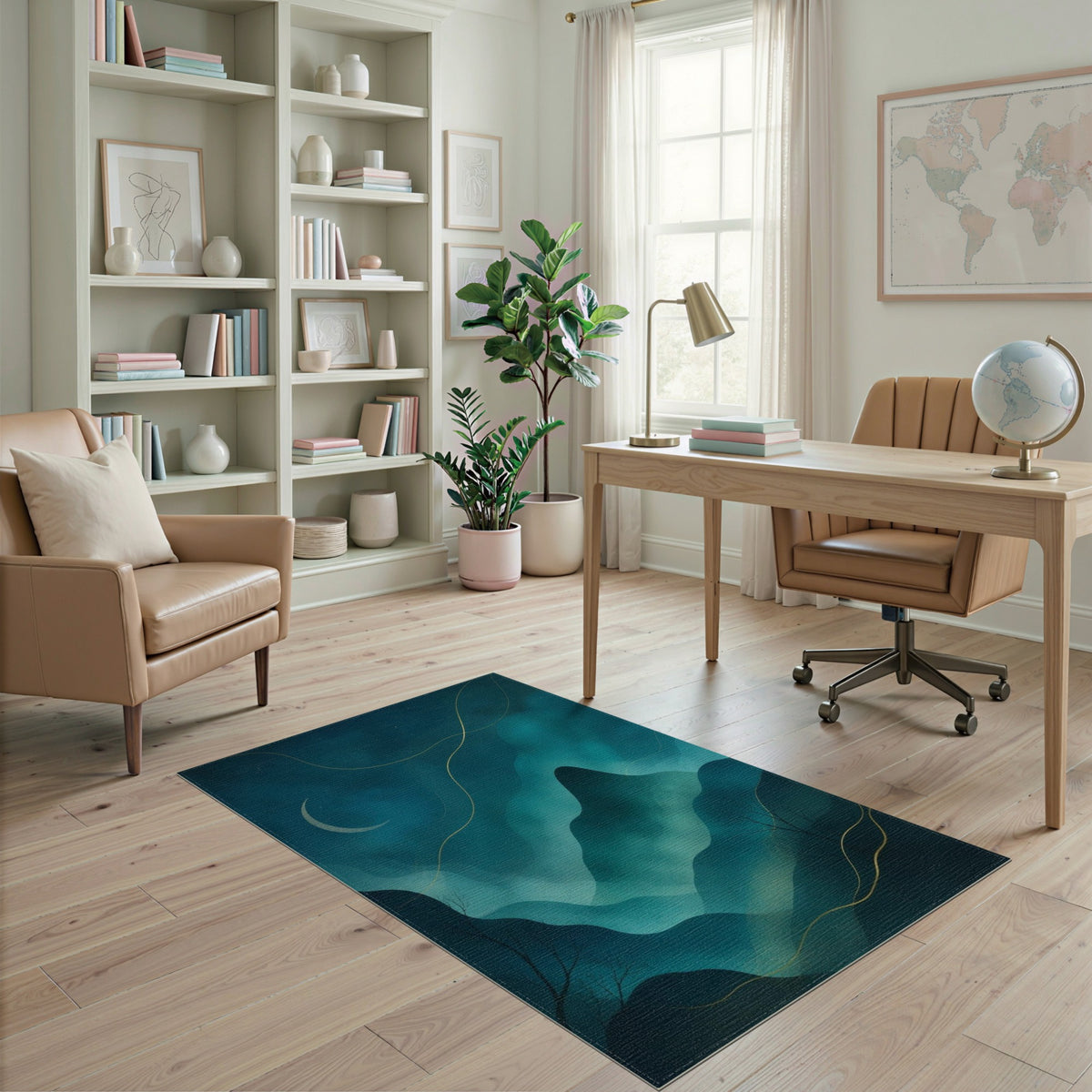 Midnight Teal Mountain Moon Area Rug