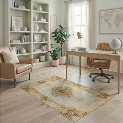 Beige and Neutral Distressed Beige Persian Medallion Area Rug