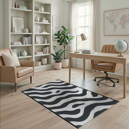 Black and White Geometric Modern Black White Wavy Stripe Area Rug