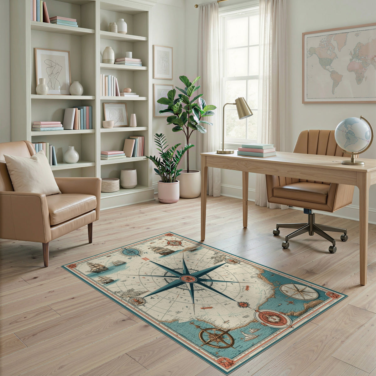 Vintage Nautical Compass Blue and Teal Area Rug