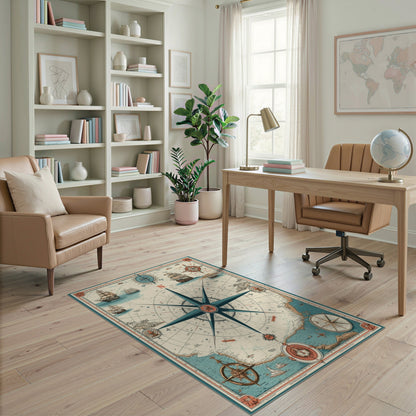Vintage Nautical Compass Blue and Teal Area Rug