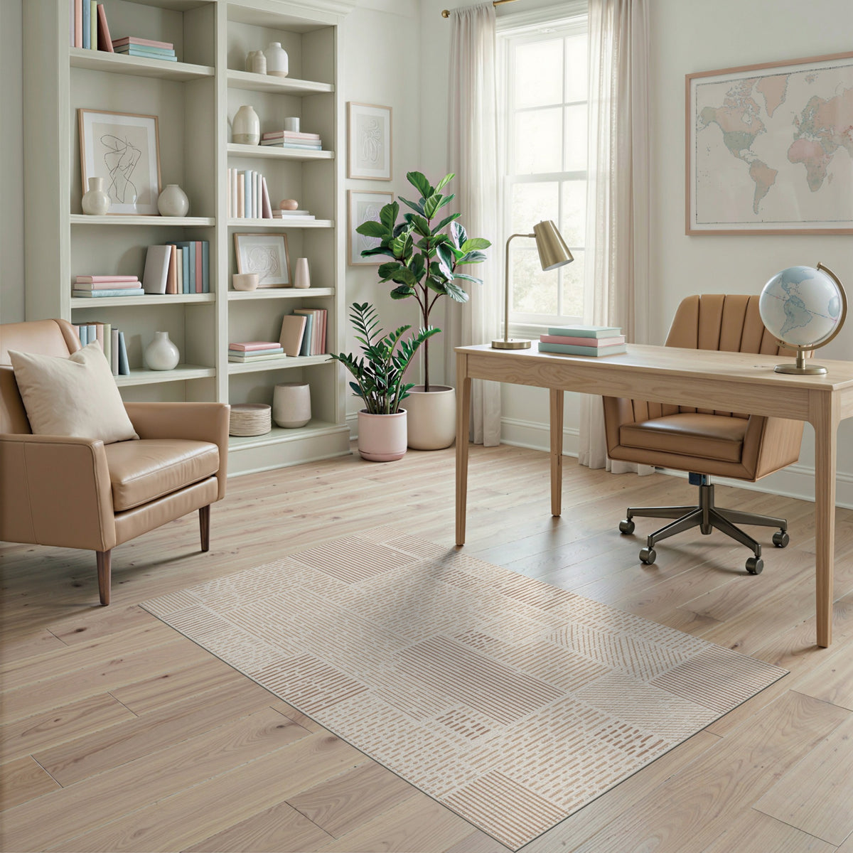 Beige and Neutral Beige Geometric Lines Area Rug