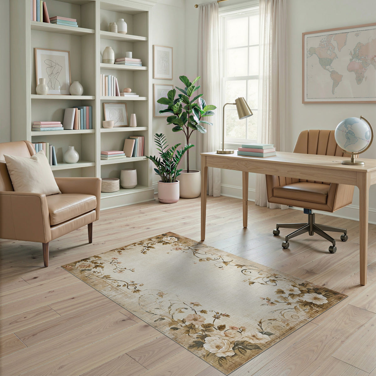 Vintage Beige Rose Floral Area Rug