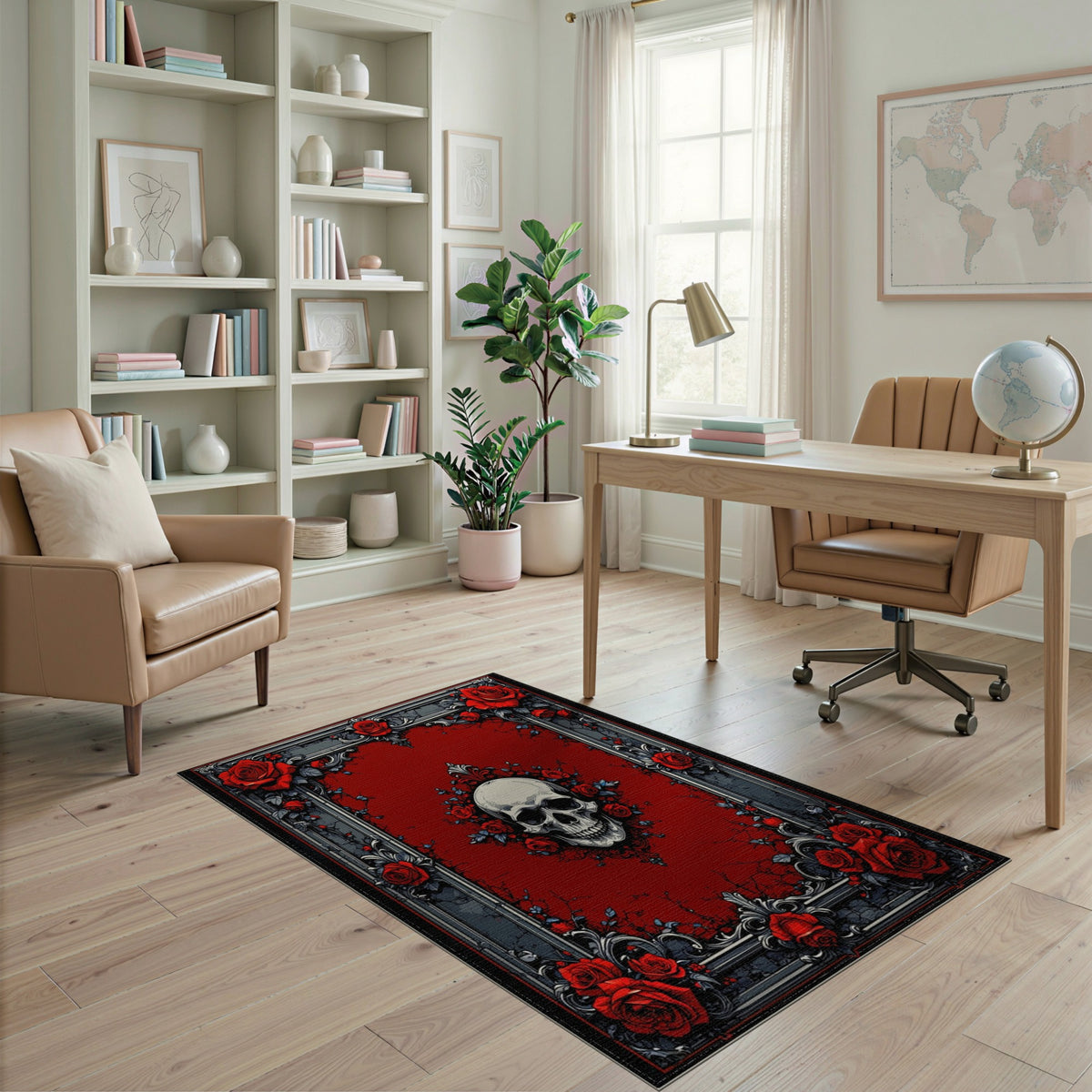 Red Skull Roses Ornate Vintage Area Rug