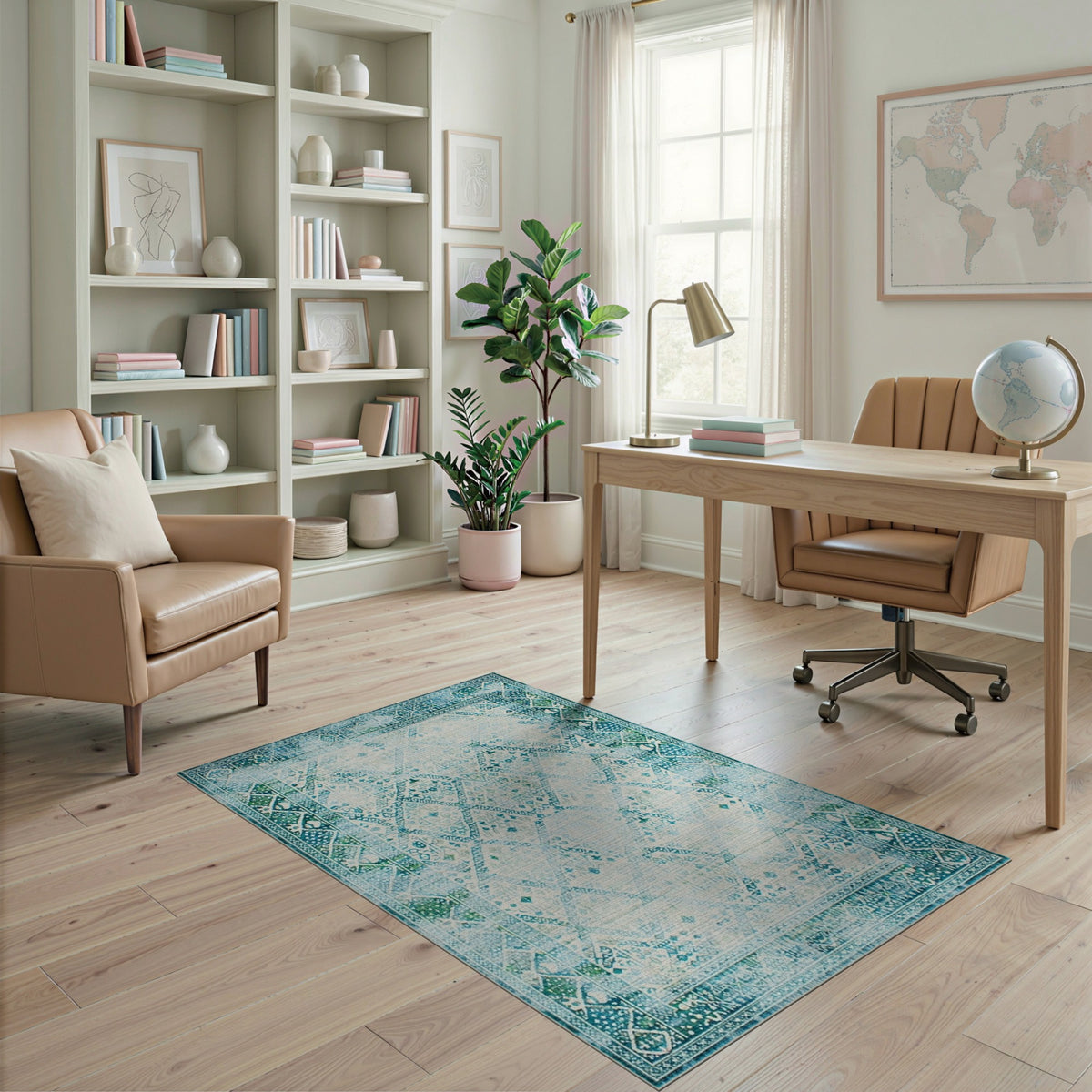 Distressed Blue Teal Vintage Geometric Area Rug