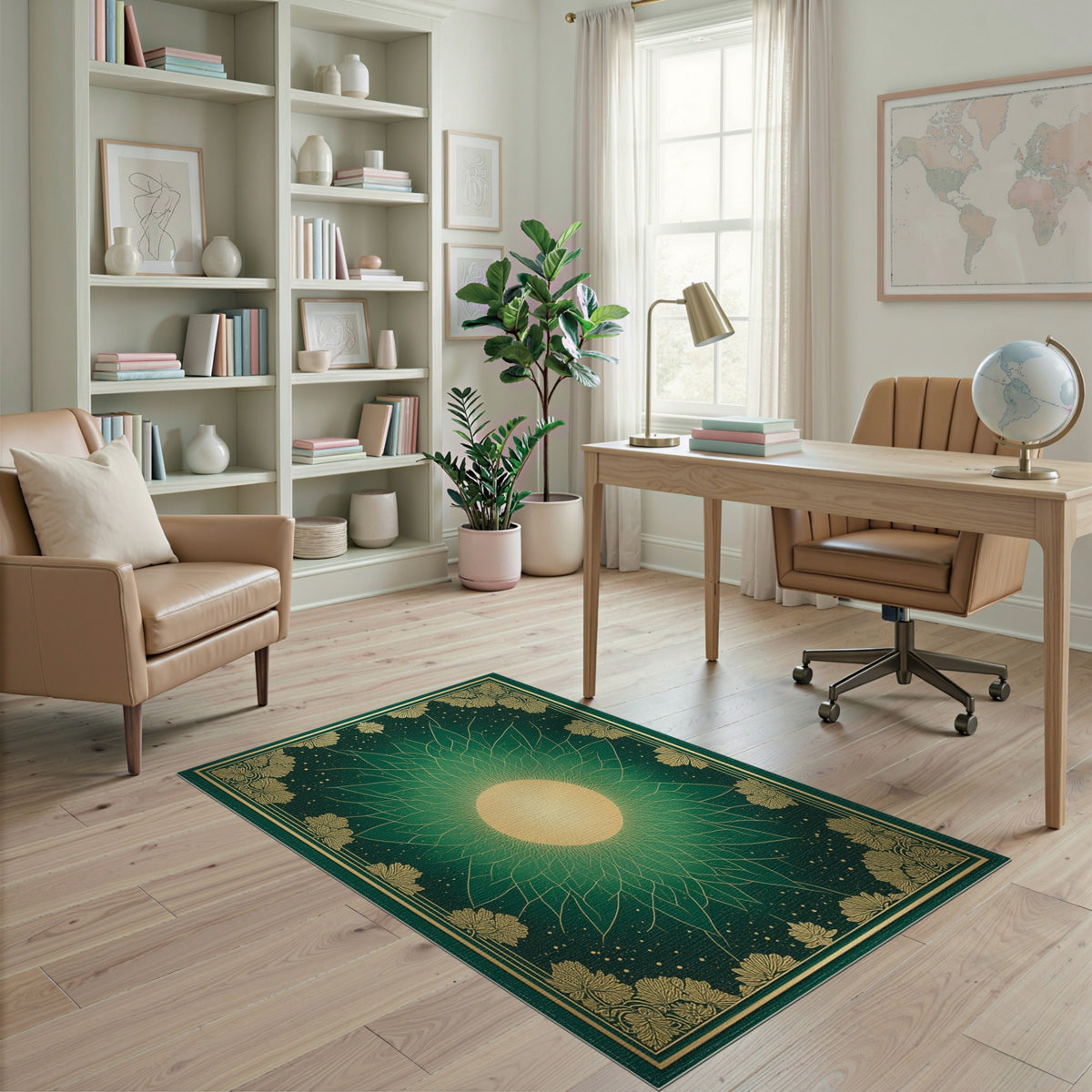 Green Gold Sunburst Leaf Floral Area Rug