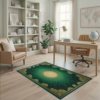 Green Gold Sunburst Leaf Floral Area Rug