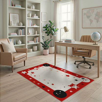 Red Cartoon Fox Stars Kids Area Rug