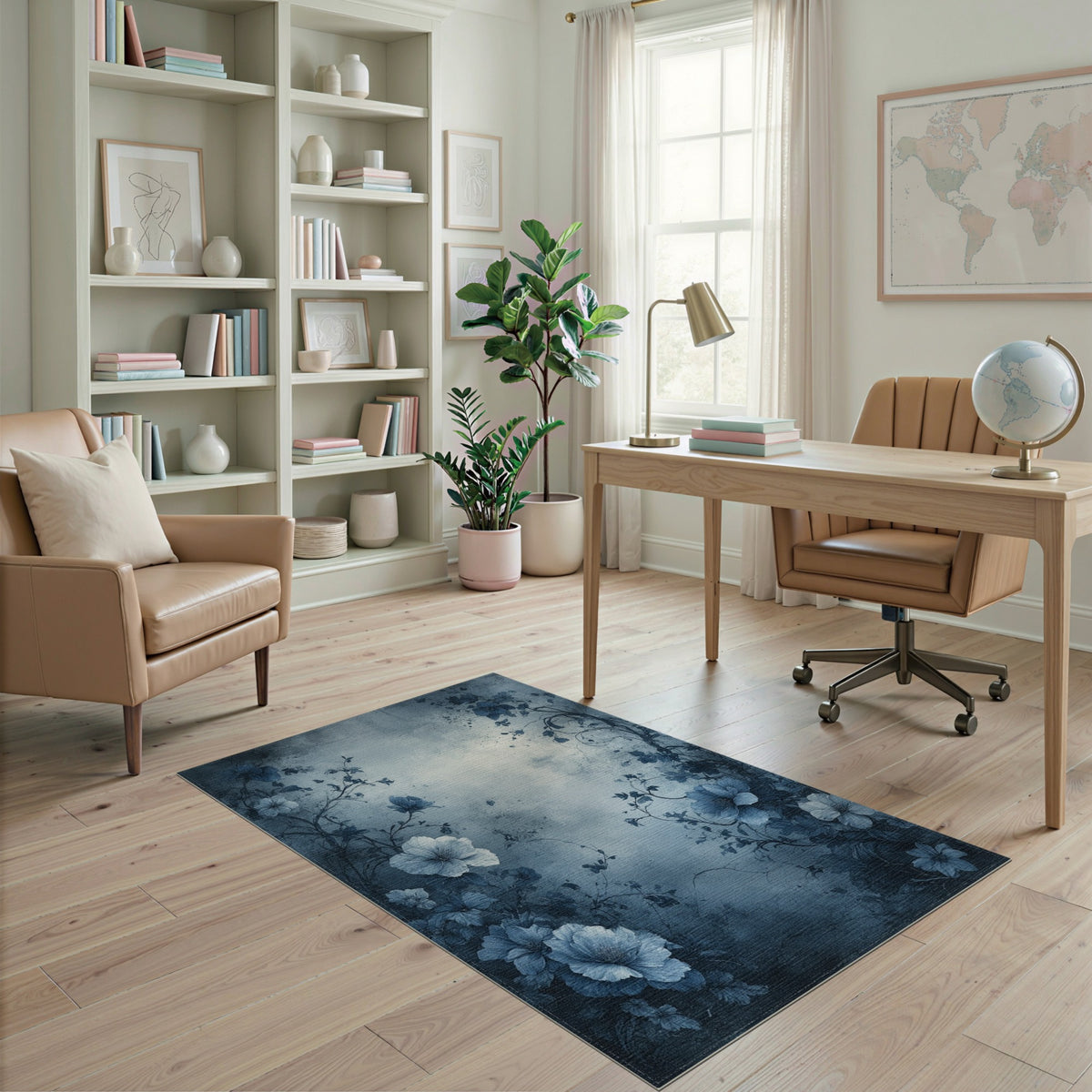Blue Floral Distressed Vintage Area Rug