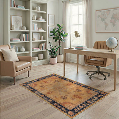 Beige Distressed Vintage Area Rug with Navy Border