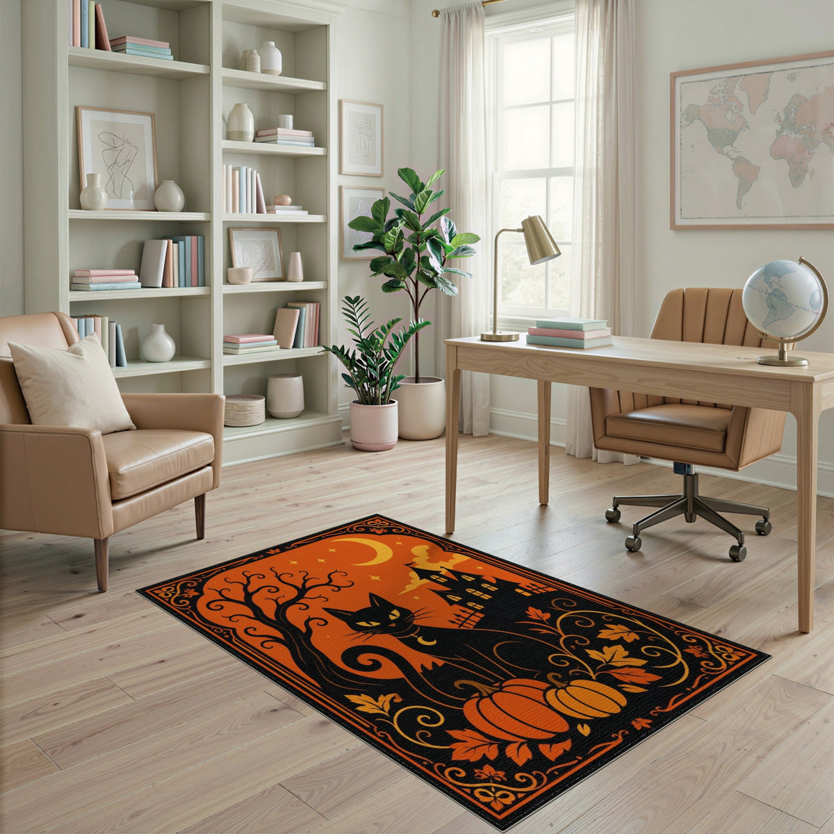 Orange Black Cat Pumpkin Halloween Orange Area Rug