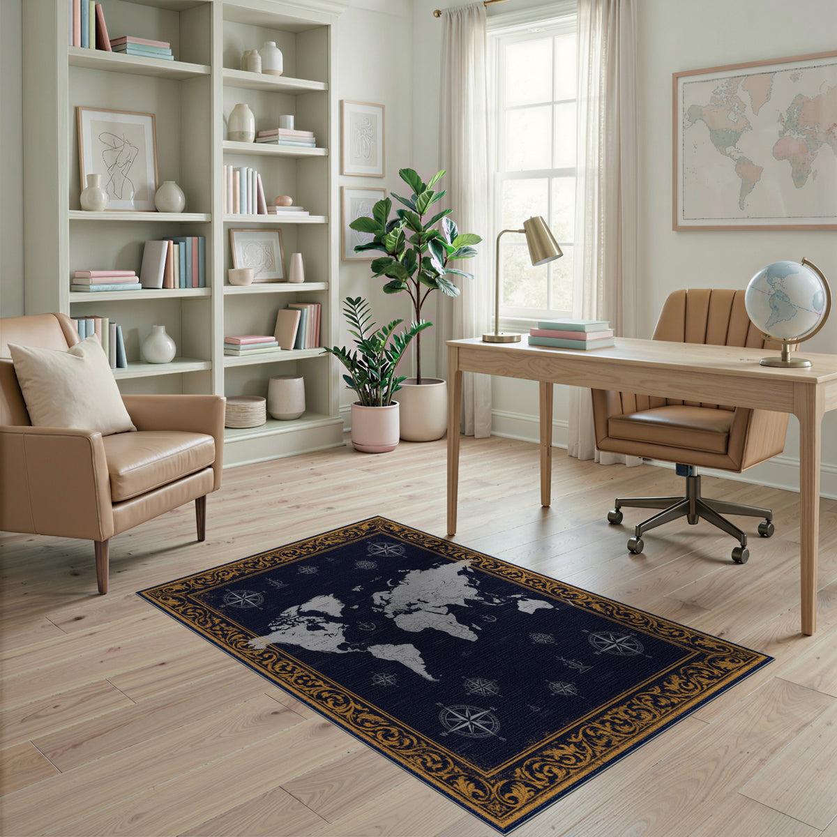 Navy Vintage World Map Rug with Gold Border
