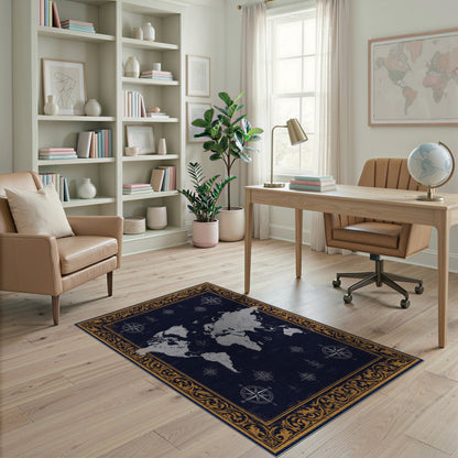 Navy Vintage World Map Rug with Gold Border