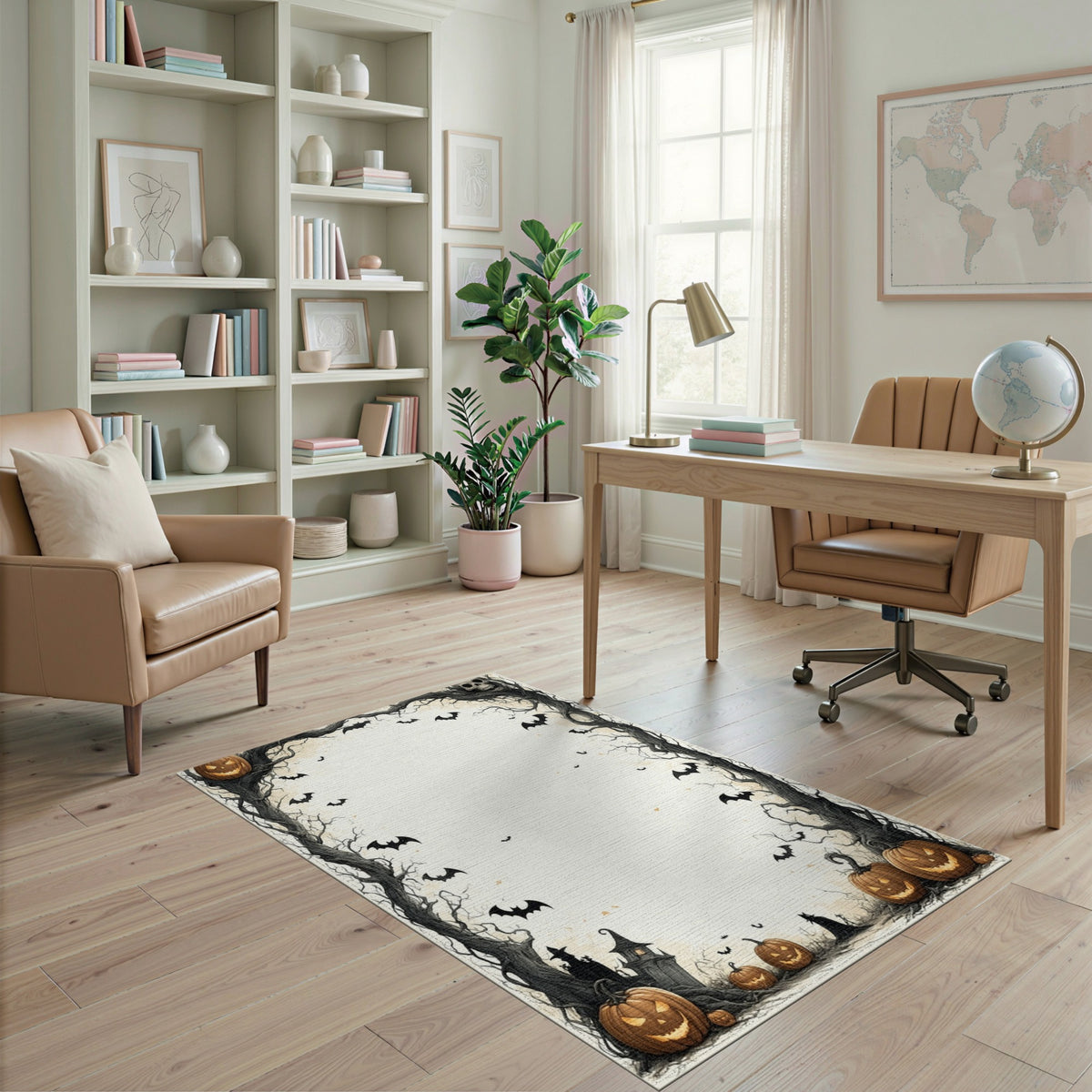 Spooky Halloween Pumpkin Bat Border Area Rug