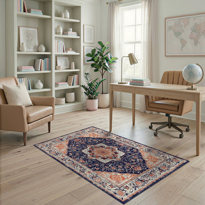 Navy Blue Floral Persian Area Rug