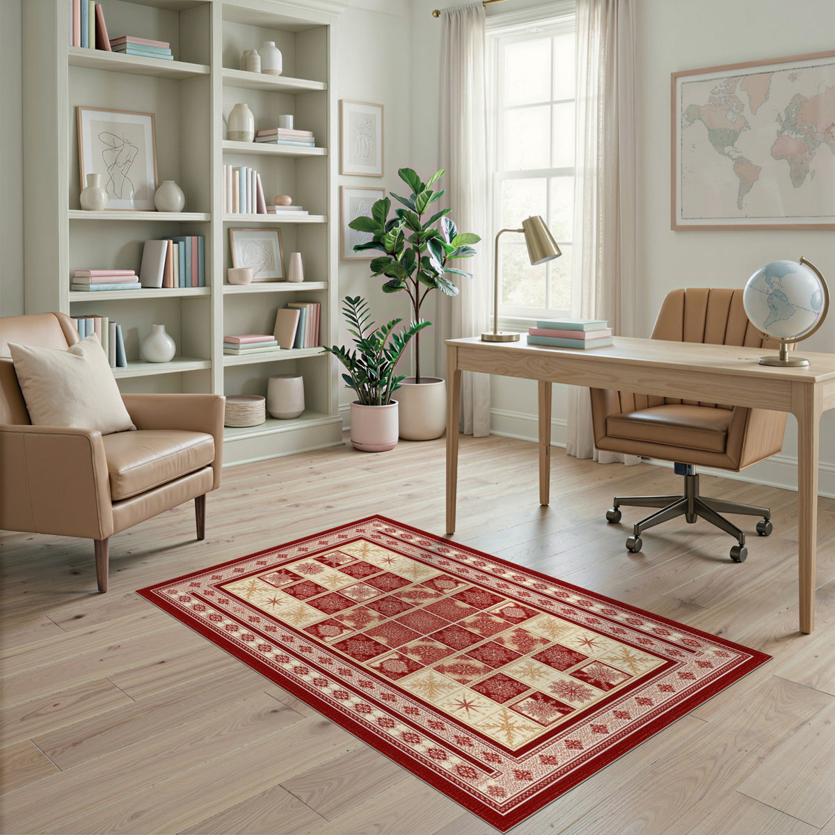 Red Snowflake Geometric Area Rug