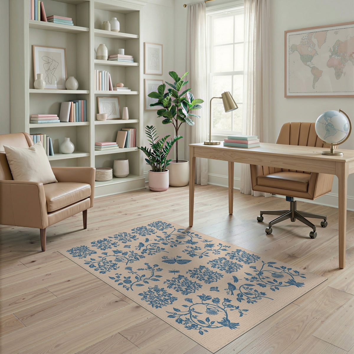 Blue and Teal Blue Floral Bird Vintage Area Rug