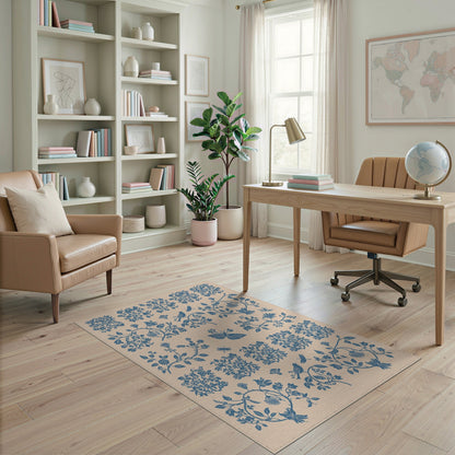 Blue and Teal Blue Floral Bird Vintage Area Rug