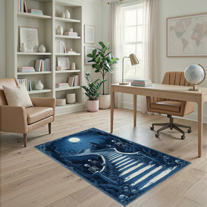 Haunted Moonlit Skeleton Staircase Washable Area Rug