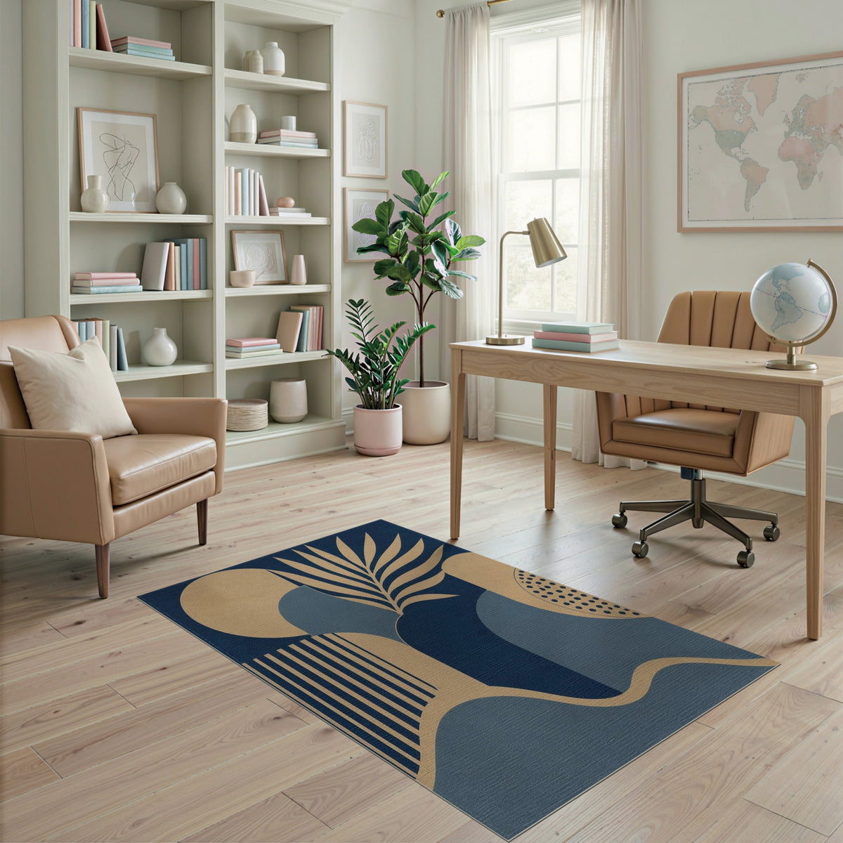 Blue Geometric Palm Leaf Area Rug