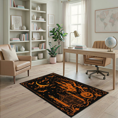 Haunted Castle Halloween Orange Washable Area Rug
