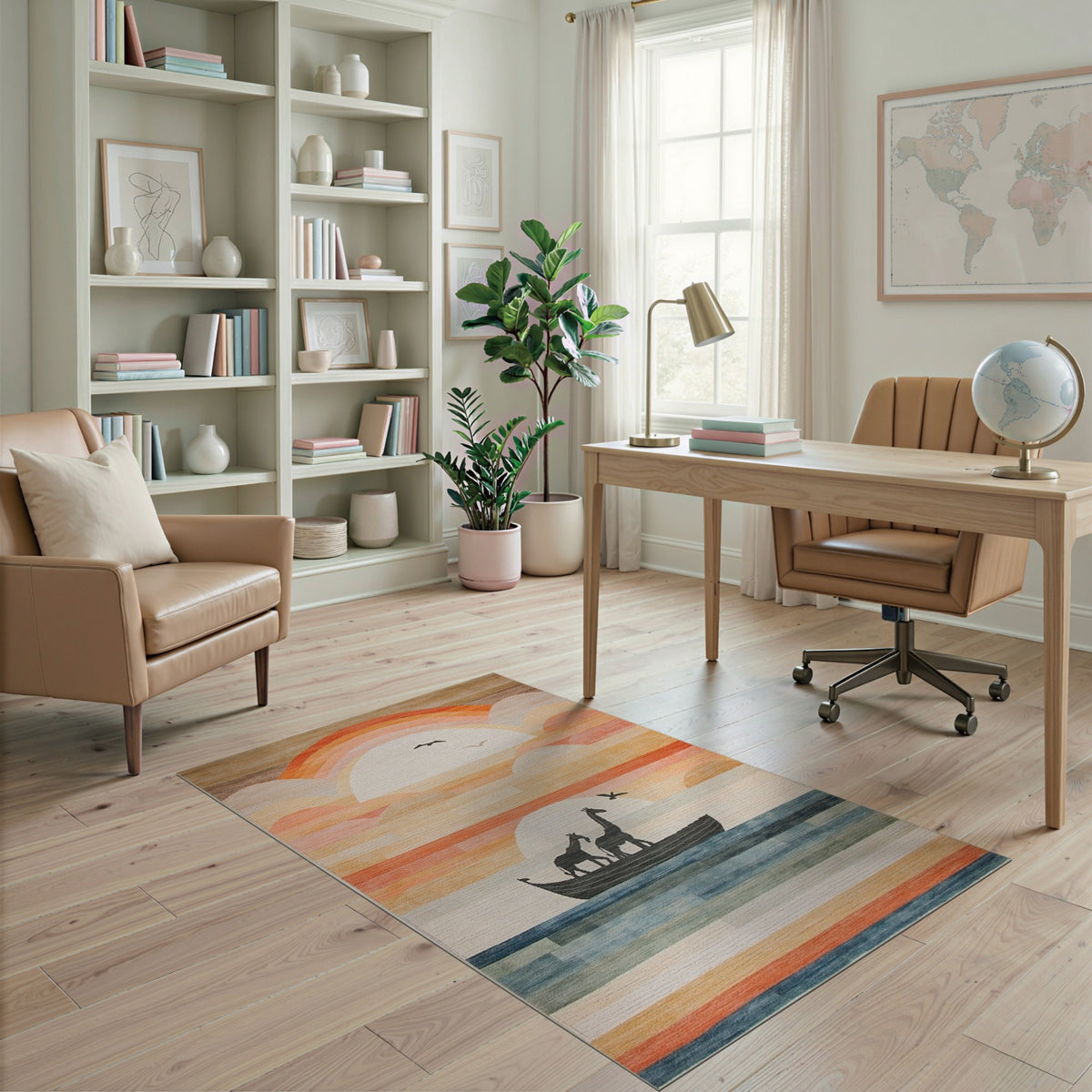 Giraffes Boat Sunset Kids Area Rug