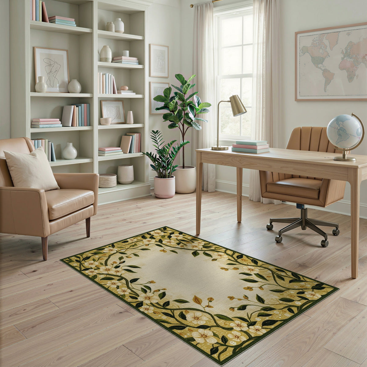 Yellow Floral Vine Border Area Rug
