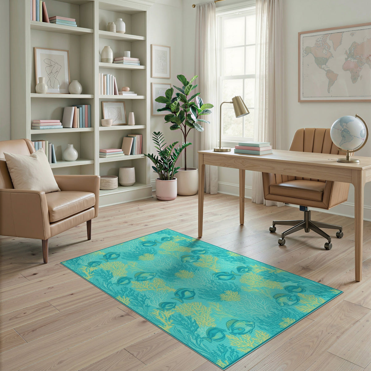 Blue Teal Fish Coral Coastal Beach Area Rug
