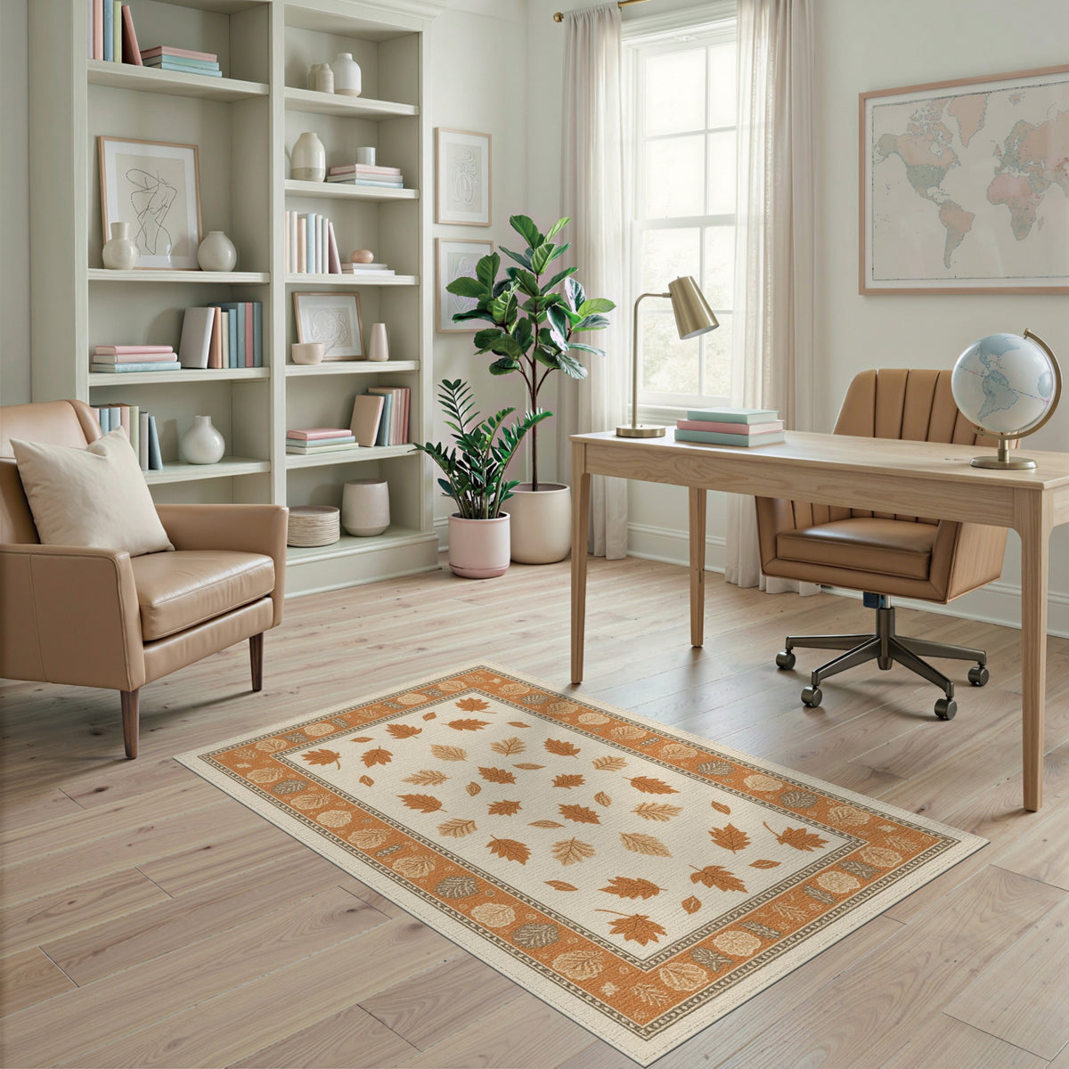 Beige Brown Leaf Border Area Rug