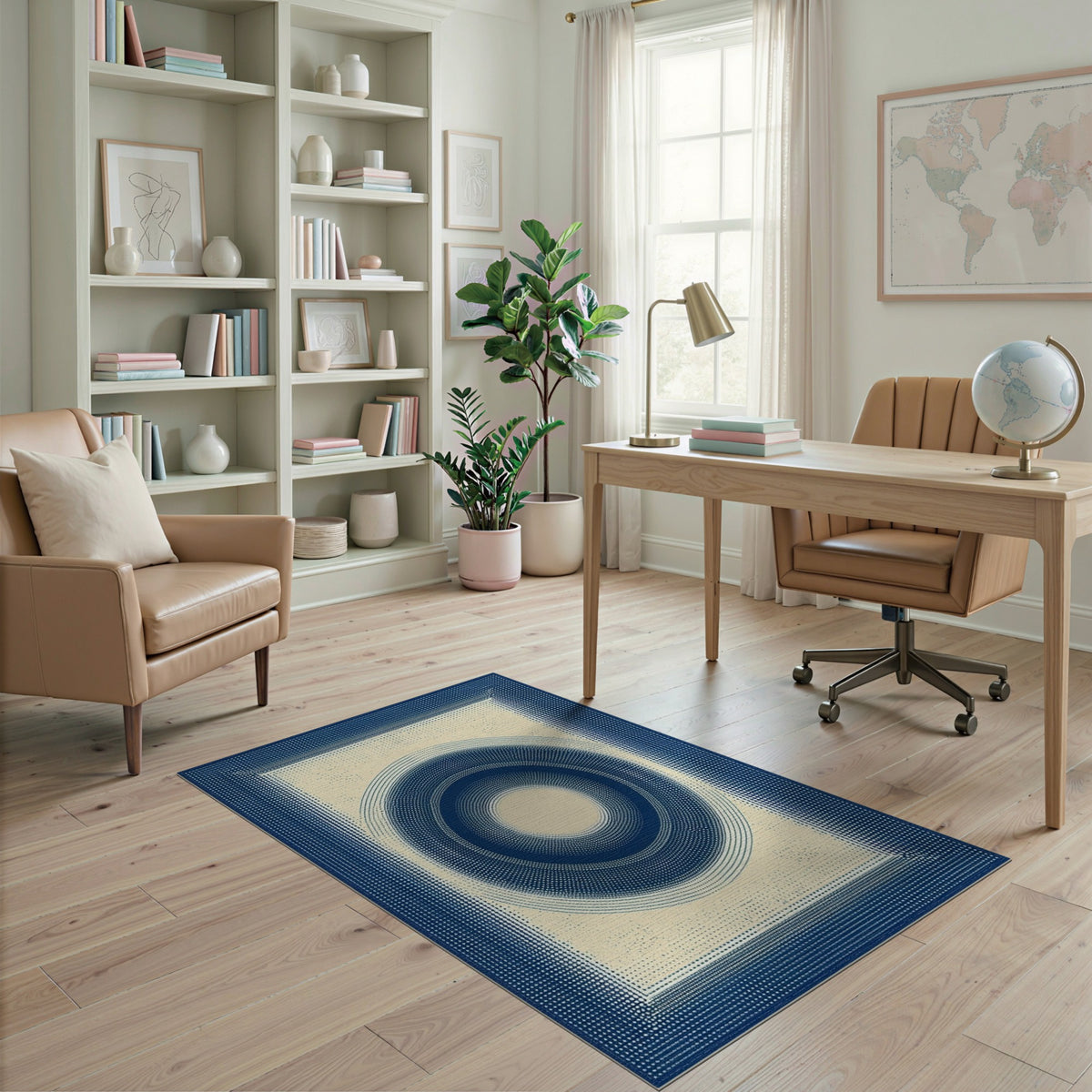 Blue Concentric Circles Geometric Rug