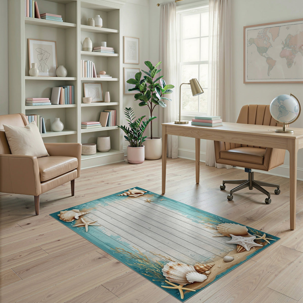 Coastal Beach Seashell Starfish Blue Teal Area Rug