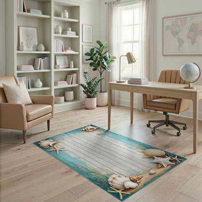 Coastal Beach Seashell Starfish Blue Teal Area Rug