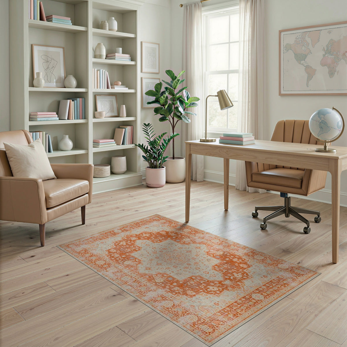 Distressed Orange Vintage Medallion Area Rug